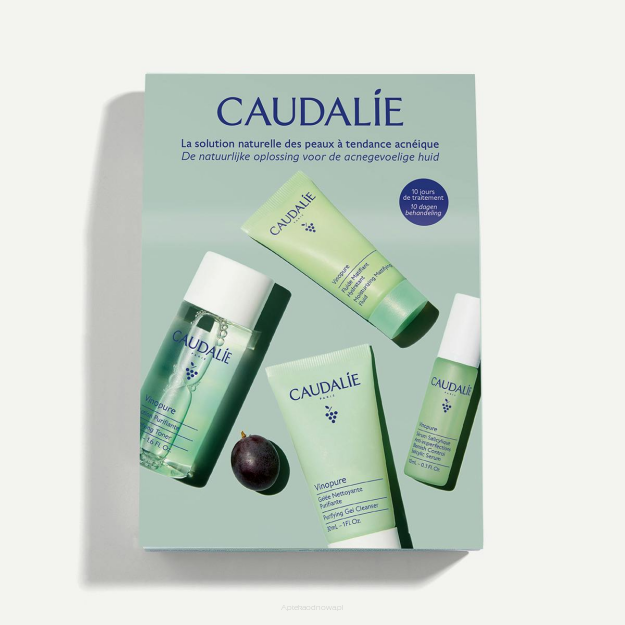 CAUDALIE VINOPURE ZESTAW Oczyszczający żel do mycia 30 ml + Tonik oczyszczający 50 ml + Serum z kwasem salicylowym na niedoskonałości 10 ml + Fluid matująco nawilżający 15 ml