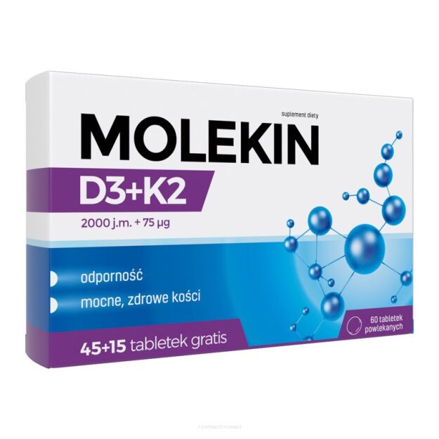 Molekin D3 + K2, 2000 j.m., 60 tabletek powlekanych, 45 + 15 tabletek Gratis!